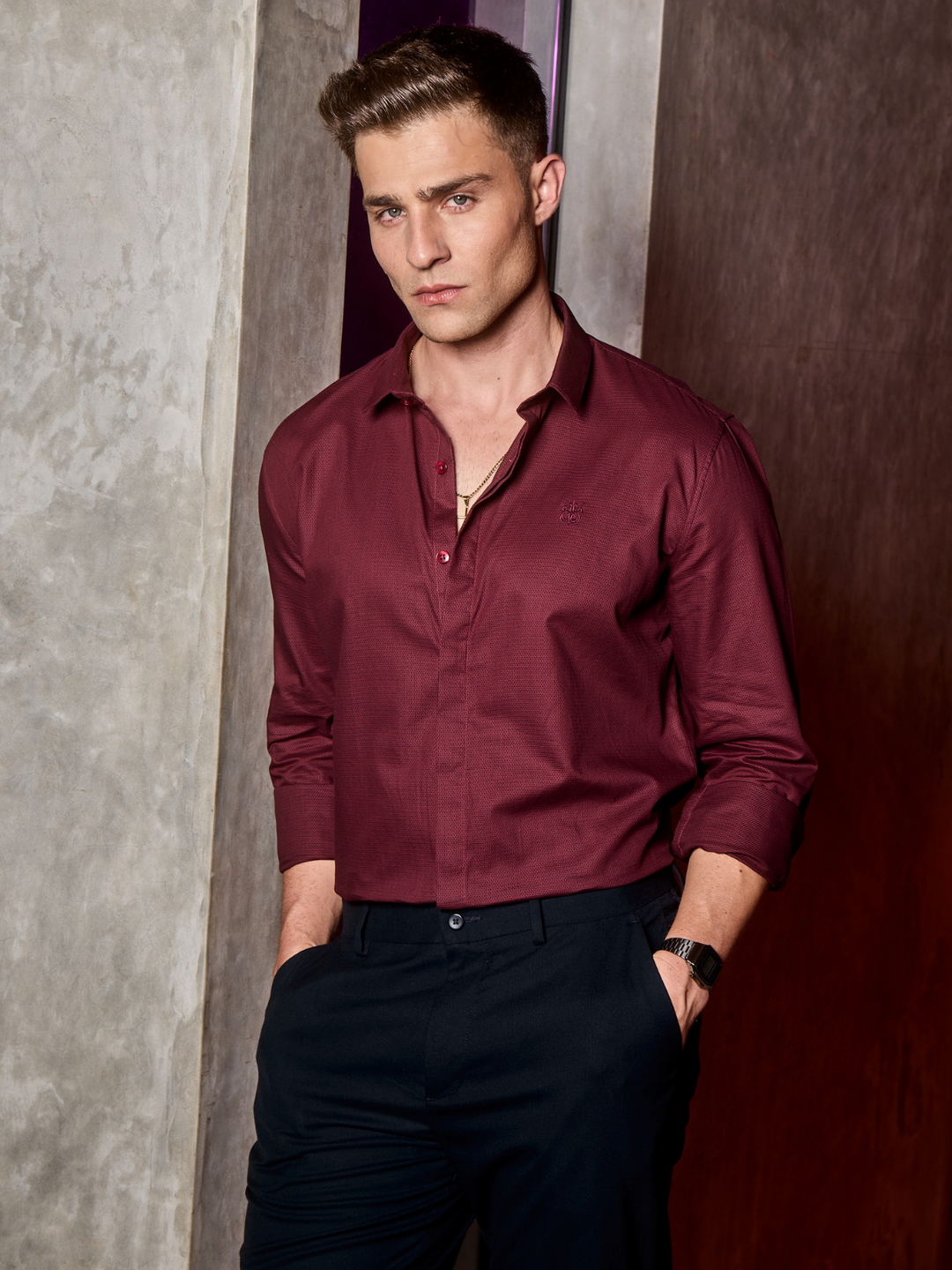 Crimson Velvet Self Design Shirt
