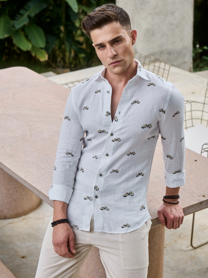Pearl White Printed Linen Shirt