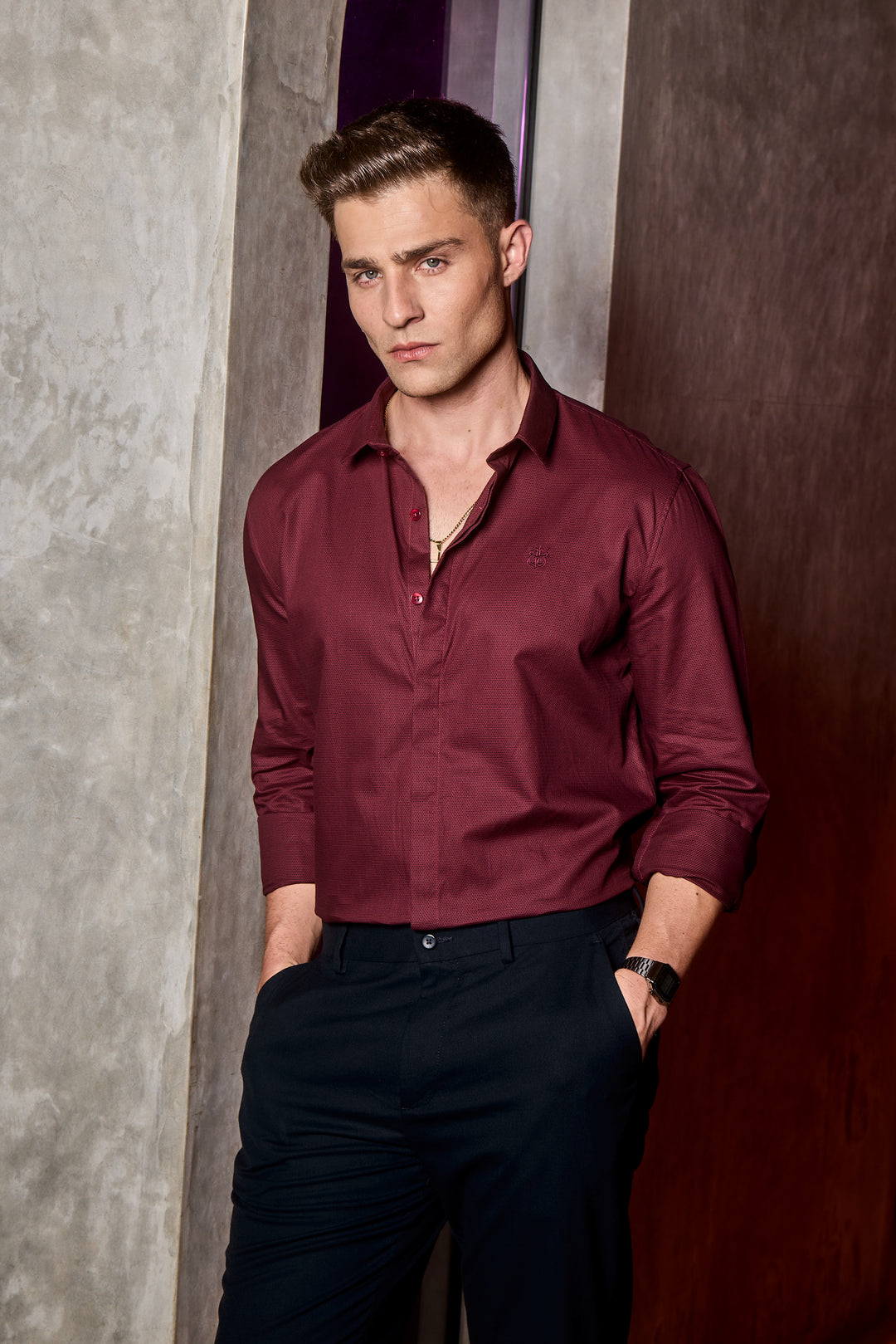 Crimson Velvet Self Design Shirt