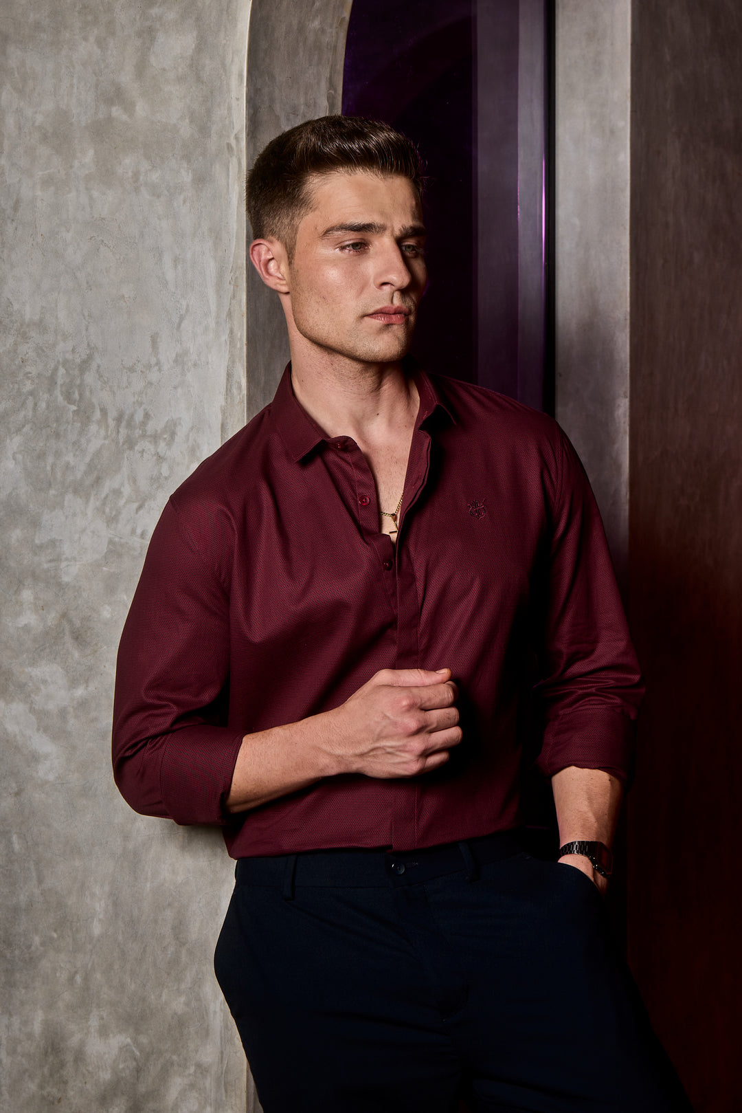 Crimson Velvet Self Design Shirt