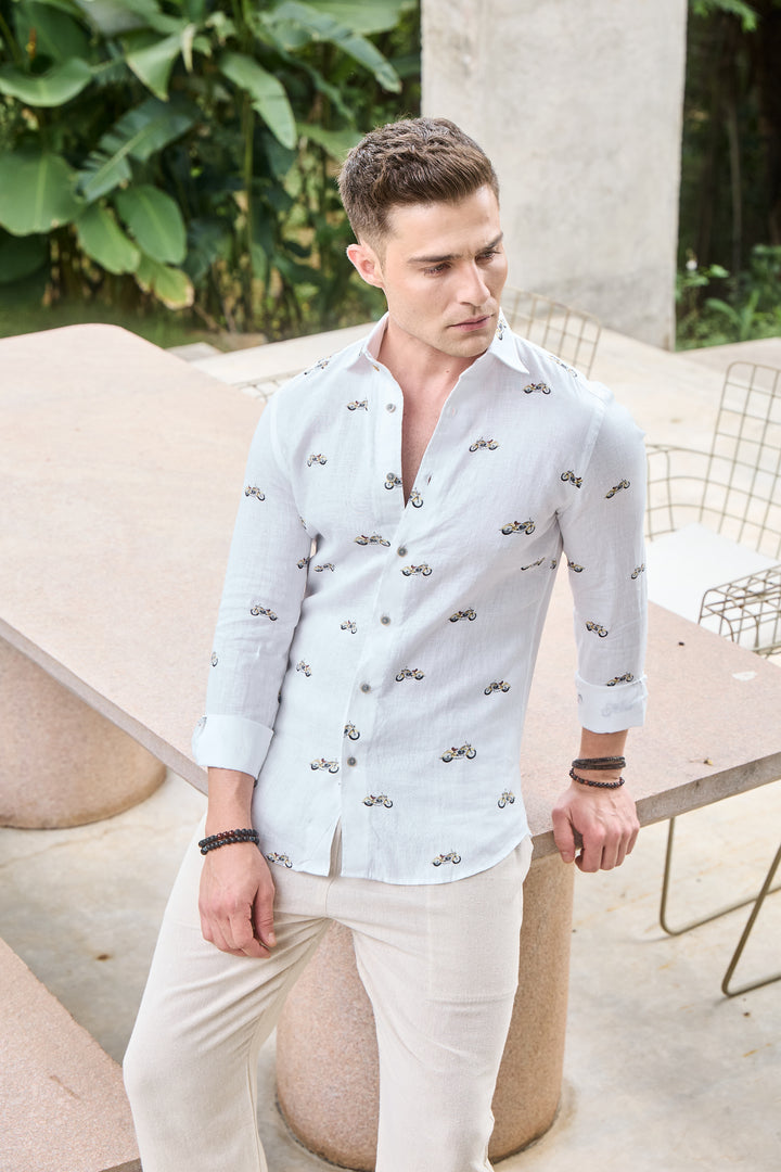 Pearl White Printed Linen Shirt