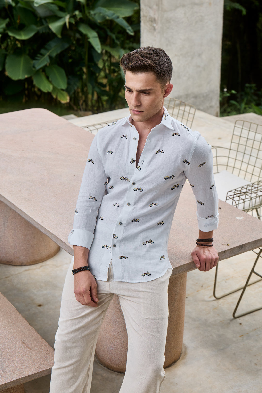 Pearl White Printed Linen Shirt