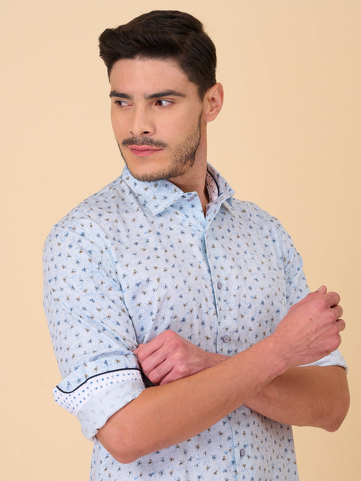 Sea Blue Printed Casual Shirt