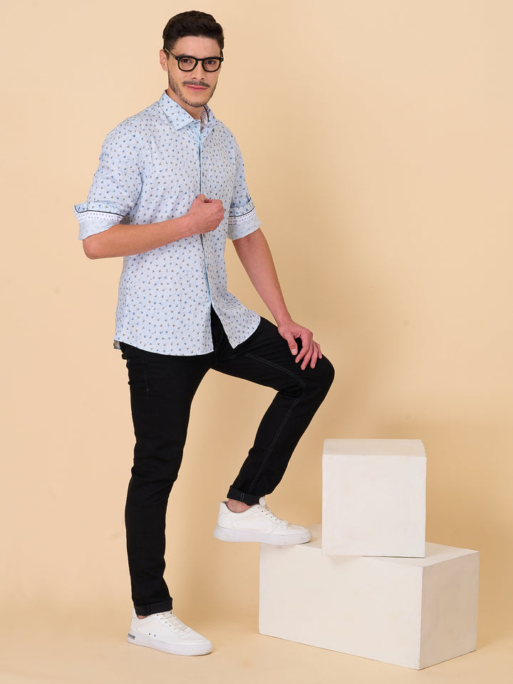 Sea Blue Printed Casual Shirt